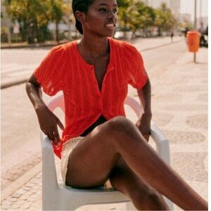 Sezane Women’s Davie Cardigan Top Red Size Large Organic Cotton Cottagecore Fem